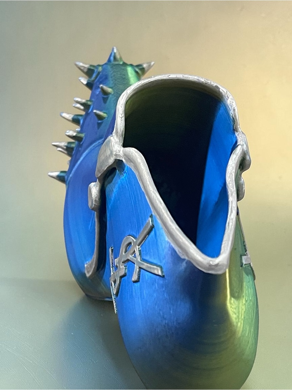 3d Hand Crafted YSL Logo Green & Blue Metallic Silver Spike-Heel Accent Stiletto - Picture 10 of 15